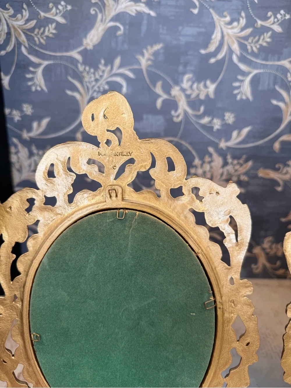 Vintage Pinky & Blue Boy Convex Print Pair Ornate Gold Tone Resin Frames
